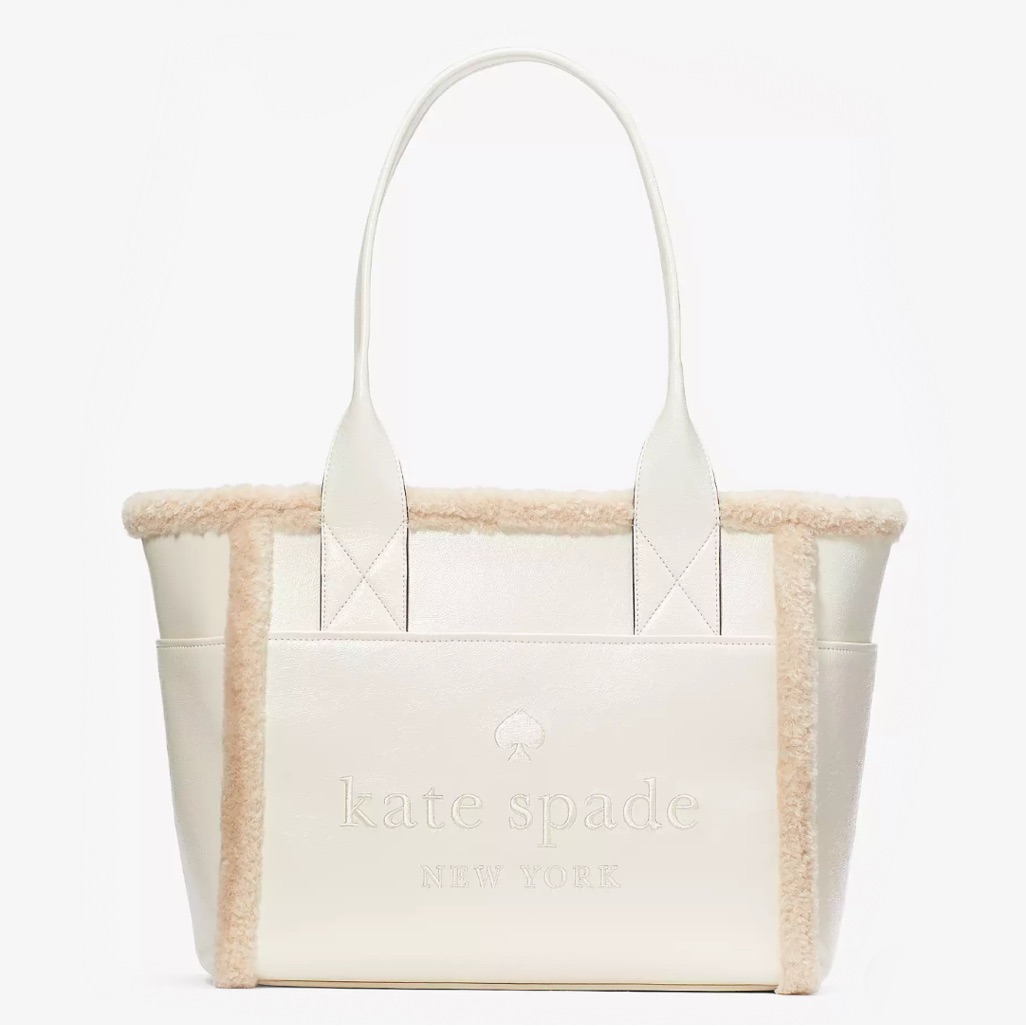 Kate Spade Jett Shearling Trim Large Tote Bag, Meringue White Nwt